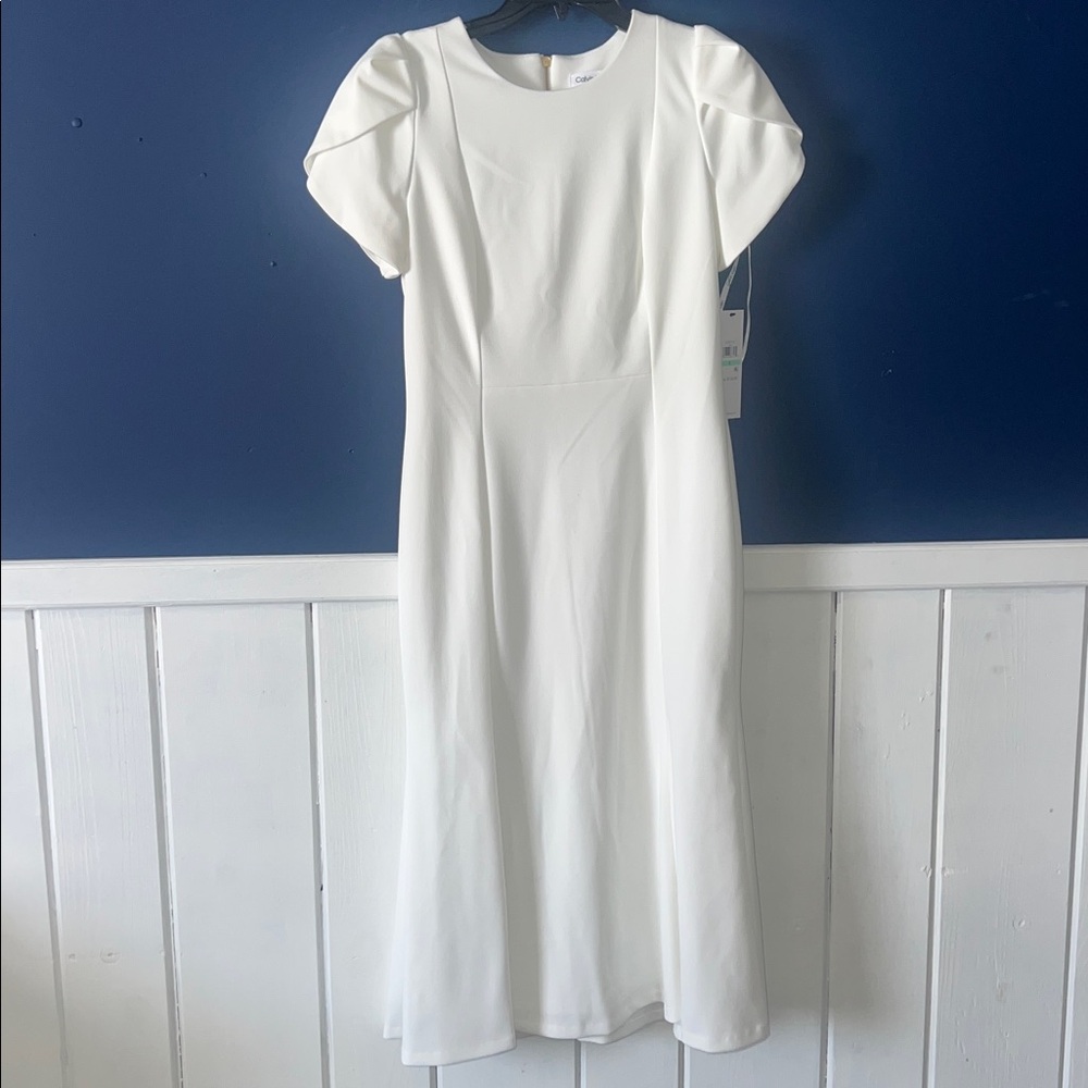NWT elegant Calvin Klein White Midi Dress sz 8